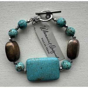 Whimsical Artisan Bracelet 8 Inch Blue Turquoise‎ Toggle Bronze Southwestern NWT